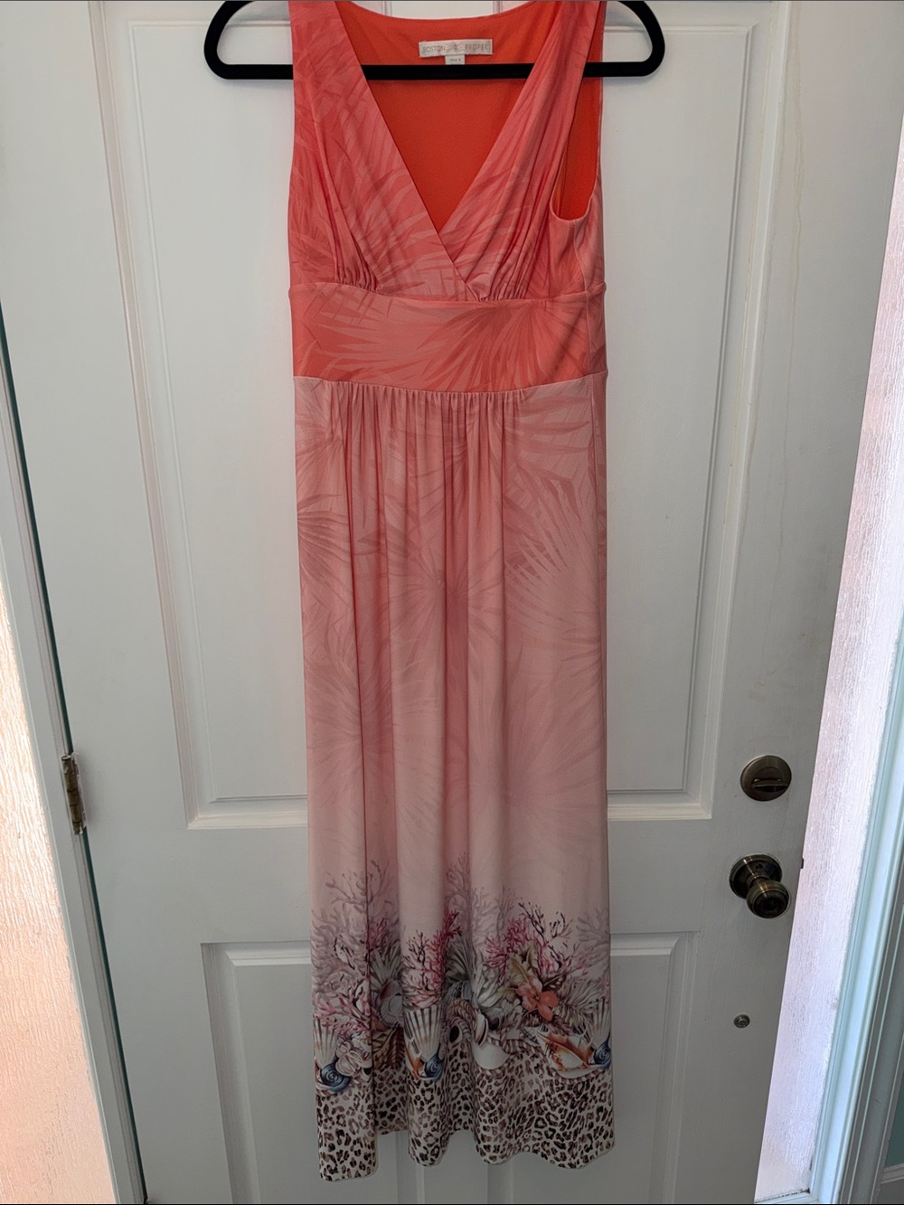 Boston Proper Coral to Blush Ombre Maxi Dress with Tropical Border